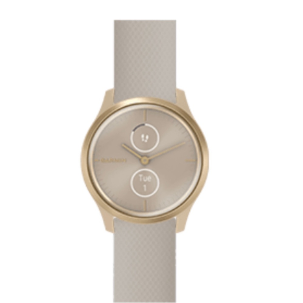 Garmin Vivomove Style Watch. Lt Gold w/Cream Dial. Lt Sand Silicone Band (20mm)